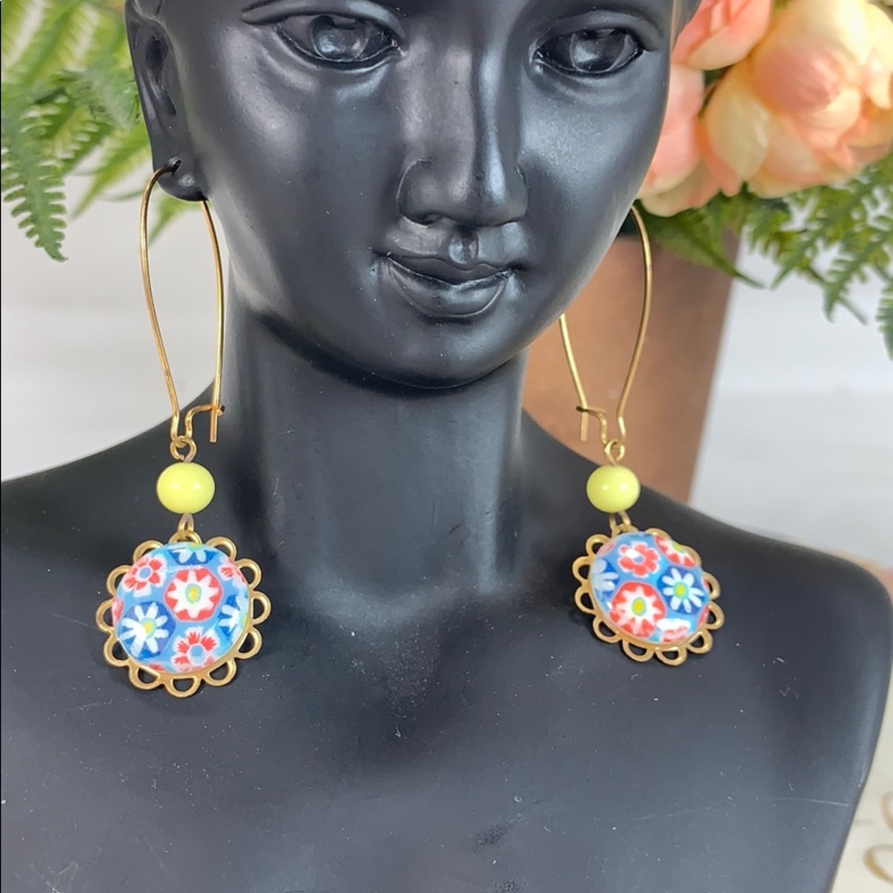 👑🌸Adorned Crown Artisan assemblage Floral drop yellow bead earrings